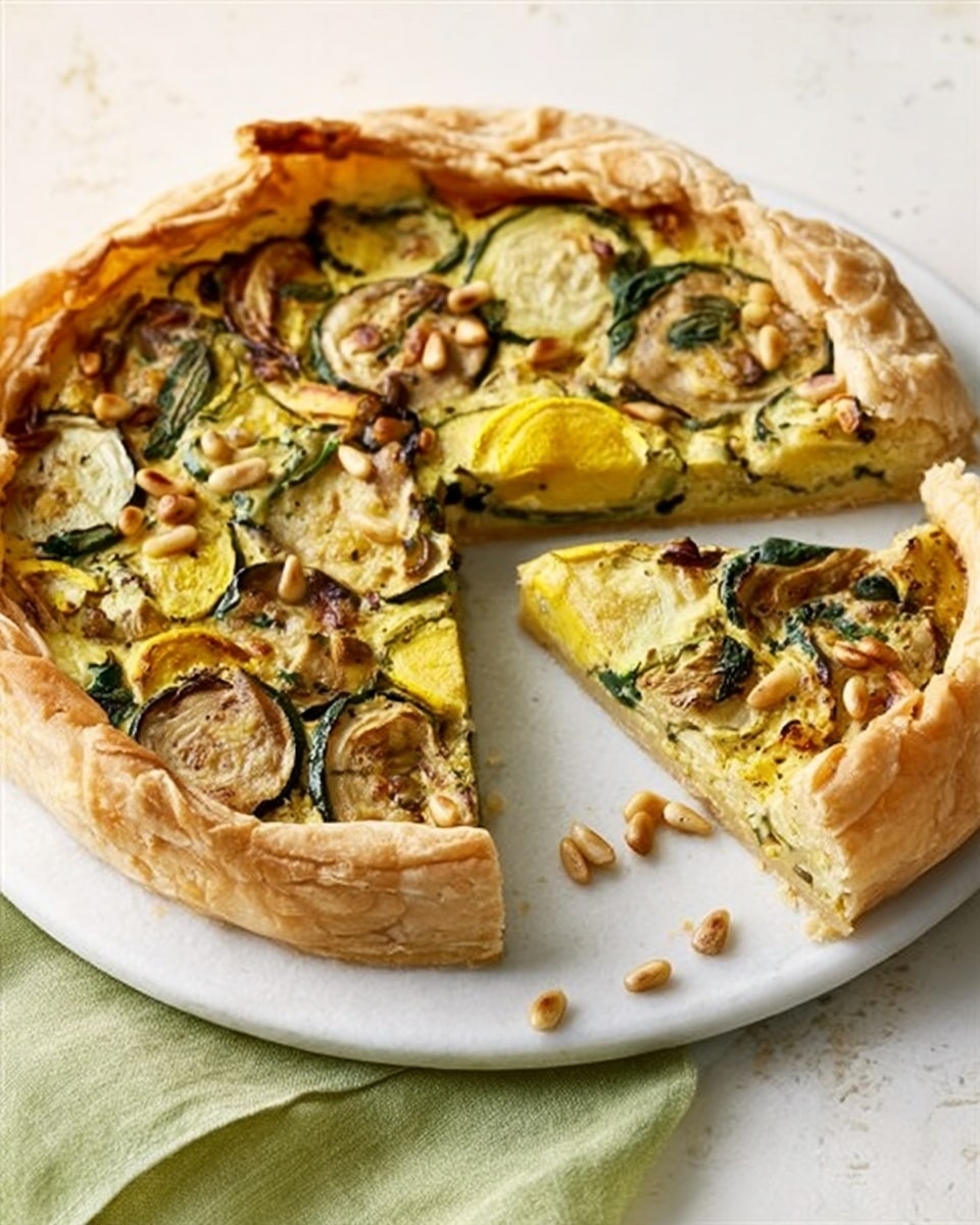 A sliced savory tart on a round white plate, placed on a white marbled surface with a green cloth nearby. The tart has a golden brown, flaky crust folded unevenly around the sides. Inside, the filling shows layers of cooked yellow squash, zucchini slices, and spinach leaves, all mixed in a light yellow egg base. Small pine nuts are scattered on top, adding texture and visual interest. One slice is slightly pulled away from the rest, revealing the rich and colorful layers inside. Photo taken with an iphone --ar 4:5 --v 7