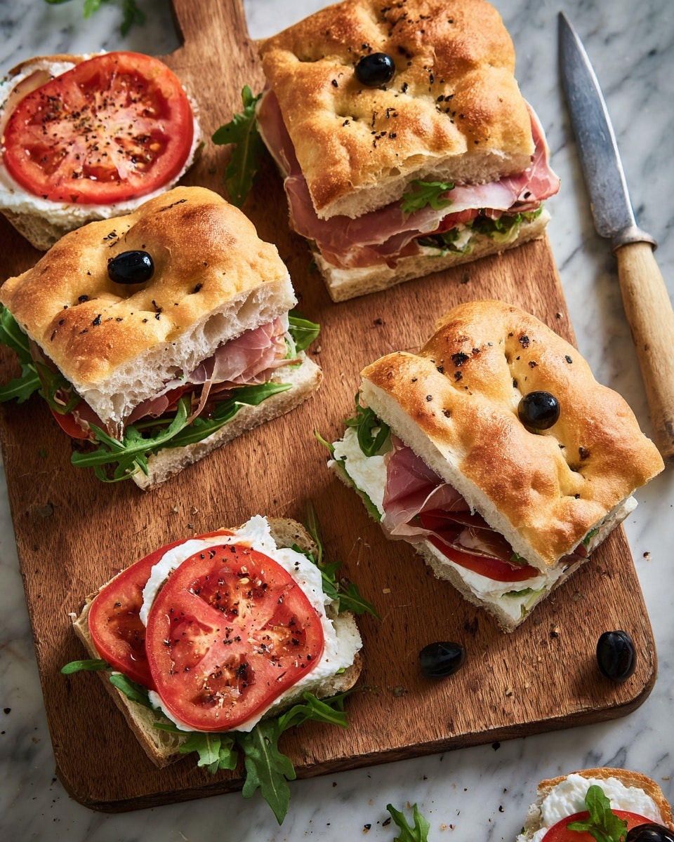 Four focaccia sandwiches sit on a wooden board, each cut into thick squares with a golden-brown top dotted with black olives. The focaccia bread has a soft, airy texture. Inside each sandwich, there are layers of green arugula, a large red tomato slice with seeds visible, thin slices of pink prosciutto, and dollops of white creamy cheese on top, some sprinkled with black pepper. One sandwich is open-faced, showing all the layers clearly. A knife with a light handle lies nearby. The overall scene is on a white marbled surface. photo taken with an iphone --ar 4:5 --v 7