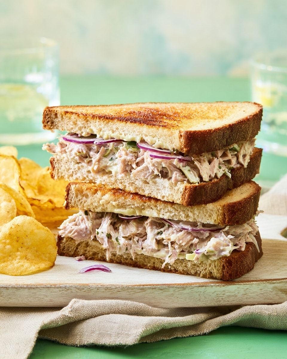 Two triangular sandwiches stacked on each other, each made with two slices of toasted light brown bread with a crisp, golden crust. Inside the sandwiches, there is a thick layer of shredded light pink tuna mixed with creamy white mayonnaise and thin slivers of purple-red onion, evenly spread between the bread slices. To the left of the sandwiches, golden-yellow potato chips are loosely stacked. The sandwiches and chips sit on a light wooden board over a folded beige cloth, with a bright green surface beneath. The background is softly blurred with a pale green hue, and two glasses with clear water are faintly visible on either side. photo taken with an iphone --ar 4:5 --v 7