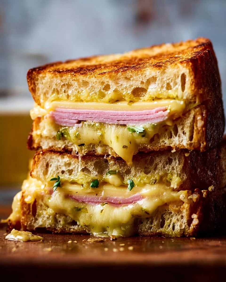 A close-up image showing two halves of a grilled sandwich stacked on a wooden board with a blurred white marbled background. Each sandwich half has thick, golden-brown toasted bread with crisp edges and visible airy texture. Inside, there are two main layers: a thin pink slice of ham in the middle and a thick layer of melted yellow cheese mixed with small bits of green herbs that ooze out slightly, creating a creamy look. The overall sandwich looks warm, gooey, and appetizing with a rustic feel. photo taken with an iphone --ar 4:5 --v 7