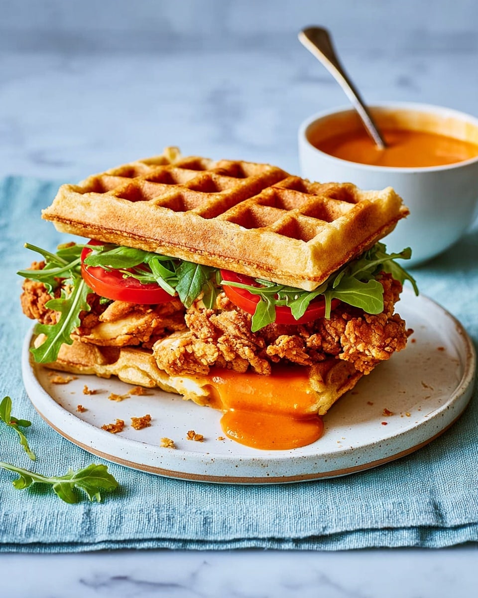 A sandwich made with two golden brown waffles as the top and bottom layers, showing a crispy texture with square indentations. Between the waffles is a layer of crispy fried chicken with a rough, crunchy, golden exterior, topped with fresh green arugula leaves and bright red tomato slices. A rich orange-colored sauce is spread on the bottom waffle, slightly oozing out. The sandwich sits on a white round plate on a light blue cloth, with some small crumbs around. Next to the plate is a small white bowl filled with the same orange sauce and a spoon inside. The background is a smooth, white marbled texture. photo taken with an iphone --ar 4:5 --v 7