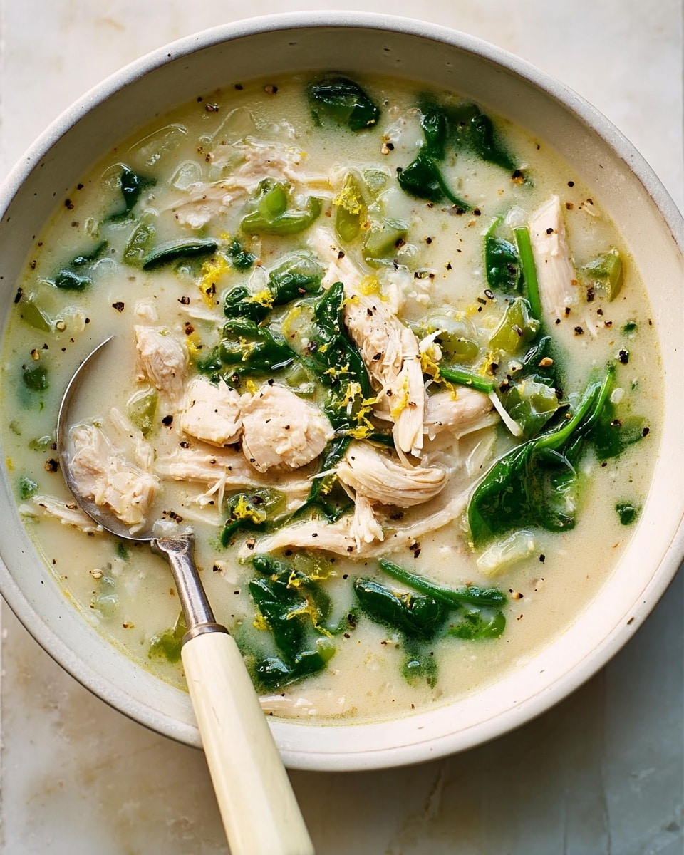 A white bowl filled with thick chicken soup, showing layers of shredded white chicken pieces and bright green spinach leaves evenly spread throughout the creamy, pale soup base. On top, small black pepper specks and zest of yellow lemon add texture and color contrast. A silver spoon with a light beige handle rests inside the bowl, partially submerged in the soup, holding some chicken chunks and spinach leaves. The bowl sits on a white marbled surface with soft natural light illuminating the scene. photo taken with an iphone --ar 4:5 --v 7