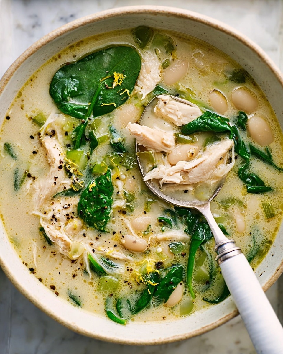 A white bowl filled with a creamy, light beige soup with a slightly thick texture, containing torn white chicken pieces evenly spread throughout. Bright green spinach leaves float on top, adding color and freshness. Small white beans are visible, nestled in the soup along with a sprinkle of black pepper and bits of yellow lemon zest. A silver spoon with a white handle rests inside the bowl, holding a scoop of the soup with chicken and spinach. The bowl is placed on a white marbled surface. photo taken with an iphone --ar 4:5 --v 7