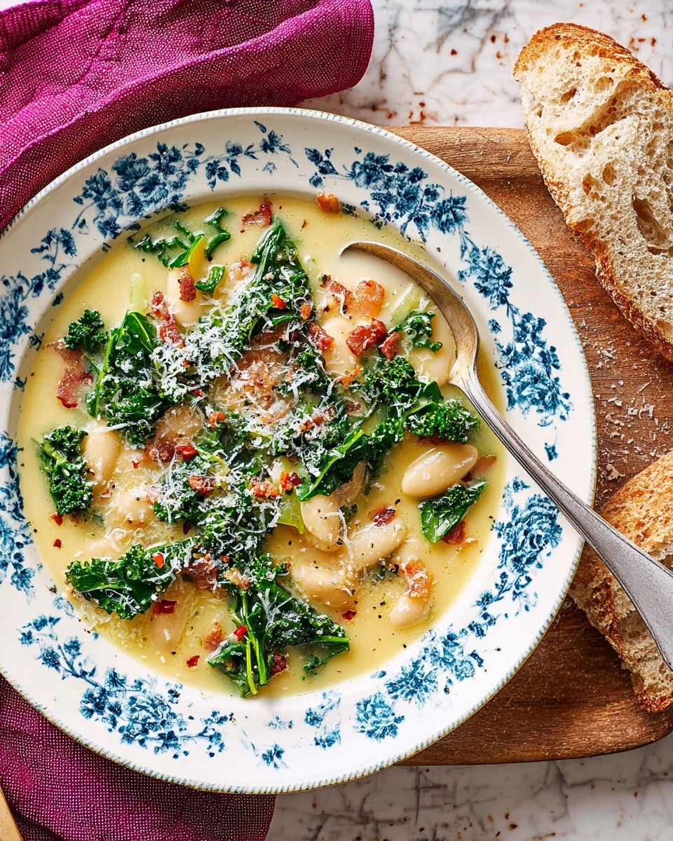 A white plate with blue floral patterns holds a creamy soup with three visible layers: the base is thick and pale yellow with white beans, over this are scattered bright green leafy kale pieces and small bits of reddish-brown bacon or seasoning, and it is topped with finely grated white cheese and small red flakes of chili spread evenly. A silver spoon rests on the right side of the plate, partially submerged in the soup. To the right, on a wooden board, there is a piece of crusty, light brown bread with a rough texture. The background is a white marbled surface with a dark pink cloth partially visible at the top. Photo taken with an iphone --ar 4:5 --v 7