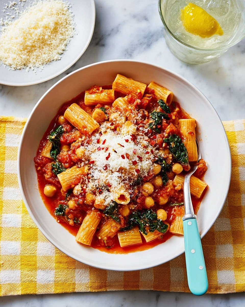 A white deep plate holds one layer of short tube pasta mixed with a chunky bright red tomato sauce containing chickpeas and green leafy vegetables. On top, there is a generous mound of finely grated white cheese sprinkled with small red pepper flakes, adding texture and color contrast. A fork with a light blue handle rests inside the bowl on the right side, partially submerged in the pasta. To the left of the plate, there is a small white plate piled with more grated cheese. The setting includes a yellow and white checkered cloth beneath the plate, and a glass of water with a lemon slice is partly visible in the upper right corner, all placed on a white marbled surface. photo taken with an iphone --ar 4:5 --v 7