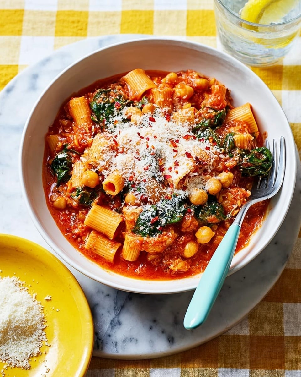 A white bowl filled with rigatoni pasta in a thick red tomato sauce with chickpeas and wilted green spinach leaves mixed in. On top, there is a generous layer of finely grated white cheese sprinkled with red chili flakes. A light blue fork is placed inside the bowl on the right side. Next to the bowl, on a white marbled surface, is a yellow plate holding a small pile of the same grated white cheese. The background has a bright yellow and white checkered cloth, and a glass of water with a lemon slice is partly visible in the upper right corner. Photo taken with an iphone --ar 4:5 --v 7