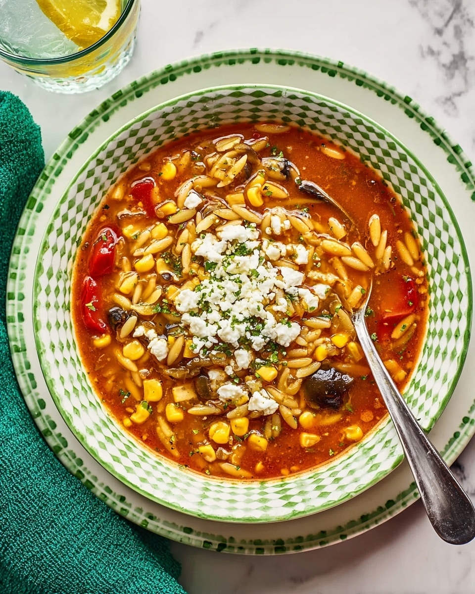 A bowl filled with layered soup resting on a white plate with a green checkered rim, the soup has a rich reddish-orange broth base with a mix of light brown orzo pasta, bright yellow corn kernels, and small pieces of red pepper and dark mushrooms scattered within. On top of the soup, there is a generous mound of crumbled white cheese mixed with small green herb bits. A silver spoon is placed in the bowl, slightly immersed in the soup on the right side. The bowl is set on a white marbled surface with a folded green cloth on the left and part of a glass with lemon water in the upper right corner. Photo taken with an iphone --ar 4:5 --v 7