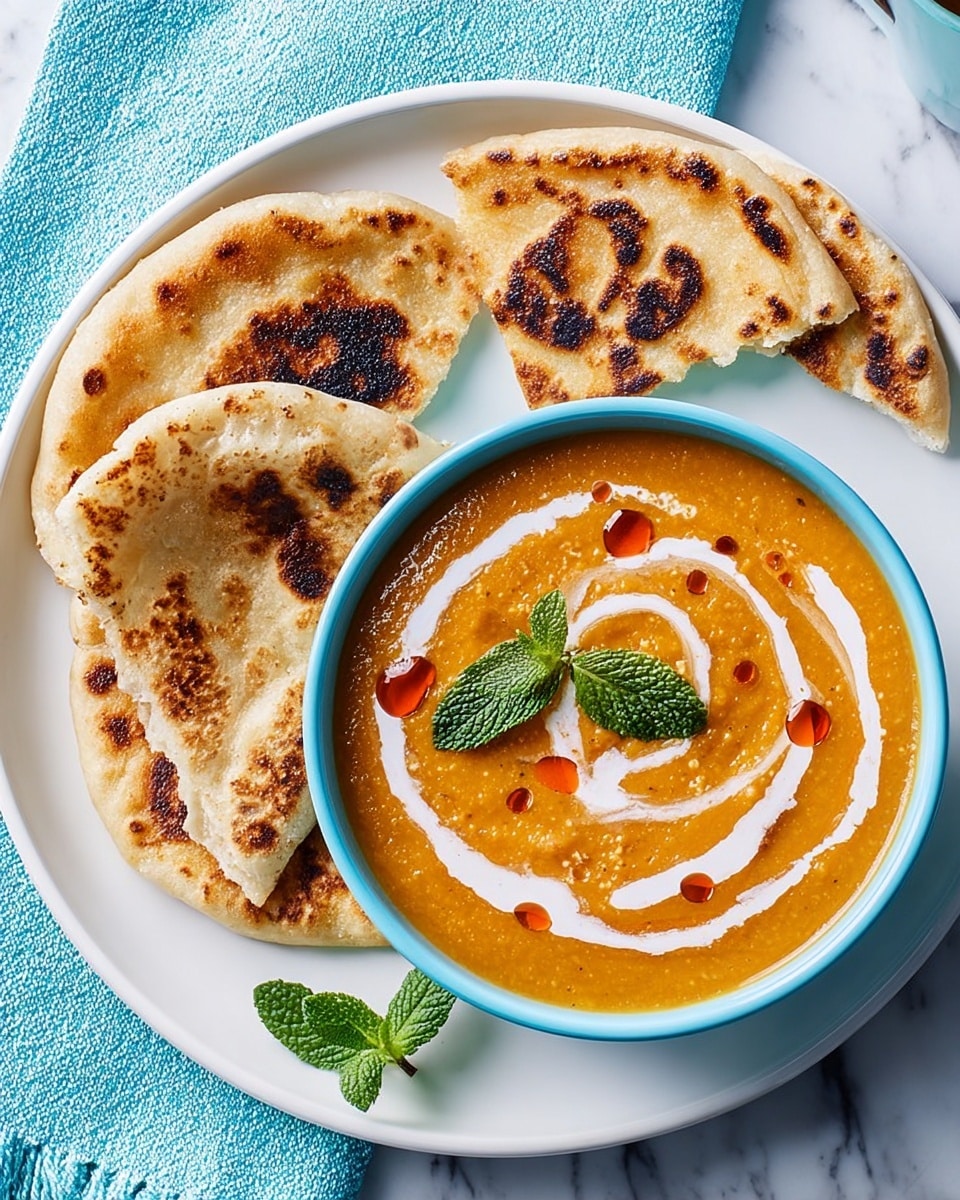 A white plate with three pieces of toasted, light brown flatbread with char marks, two whole and one half-eaten, placed around a blue bowl filled with smooth, thick orange lentil soup. The soup is decorated with swirling white cream, small drops of reddish oil, and a few fresh green mint leaves on top. The plate rests on a light blue cloth on a white marbled surface. Photo taken with an iphone --ar 4:5 --v 7