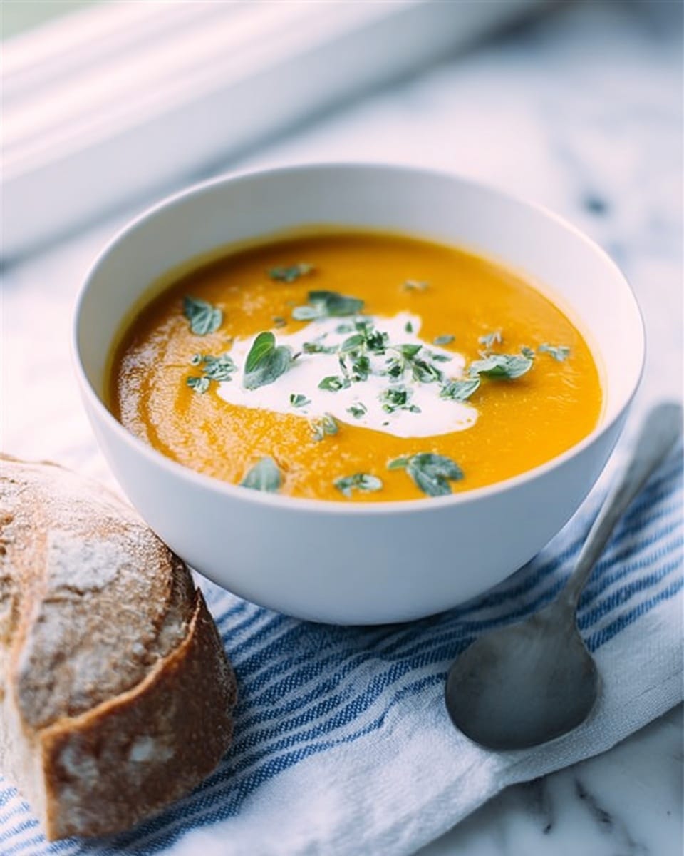 A white bowl filled with smooth, bright orange soup, topped with a dollop of white cream and scattered green herb leaves, sitting on a white cloth with blue stripes. To the left of the bowl is a piece of rustic bread with a soft, crumbly texture. The background is a white marbled surface, soft natural light coming from the window. Photo taken with an iphone --ar 4:5 --v 7
