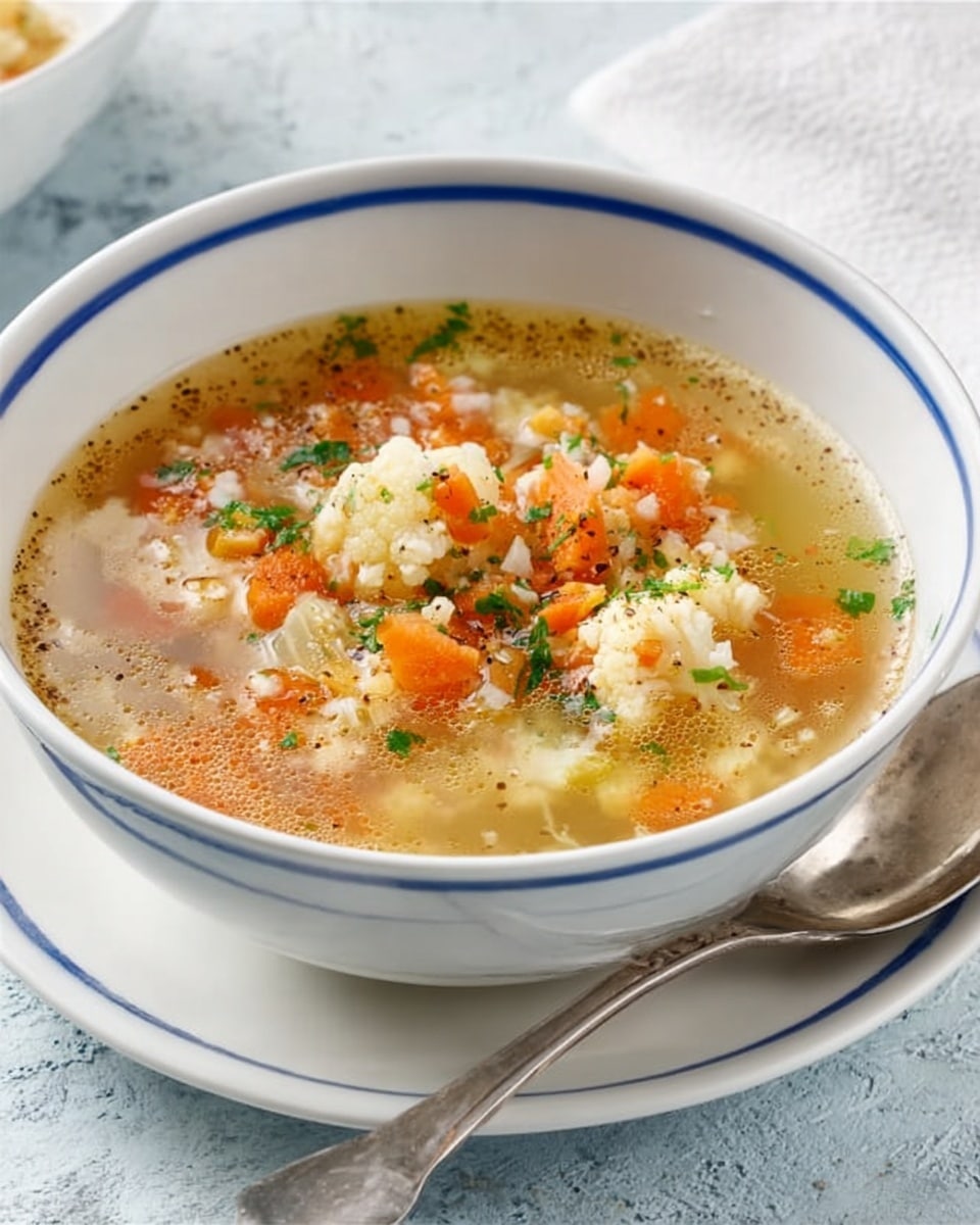A white bowl with a blue stripe around the top edge holds a clear broth soup filled with small pieces of orange carrots, white cauliflower, and bits of green herbs sprinkled on top. The soup has a light, watery texture with visible tiny grains and some black pepper seasoning on the surface. The bowl sits on a white marbled textured surface with a silver spoon placed in front of it, and a white cloth napkin is partially visible in the background. photo taken with an iphone --ar 4:5 --v 7