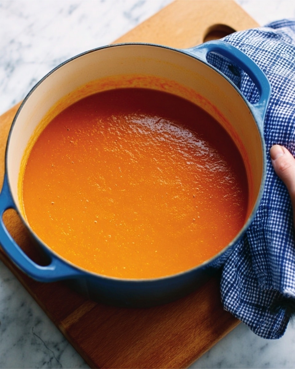 A close-up of a large blue pot filled with smooth, thick, orange-colored soup, showing a slightly shiny surface. The pot is placed on a wooden board and a woman's hand is holding a blue-and-white checkered cloth beside it. The background is a white marbled texture. photo taken with an iphone --ar 4:5 --v 7