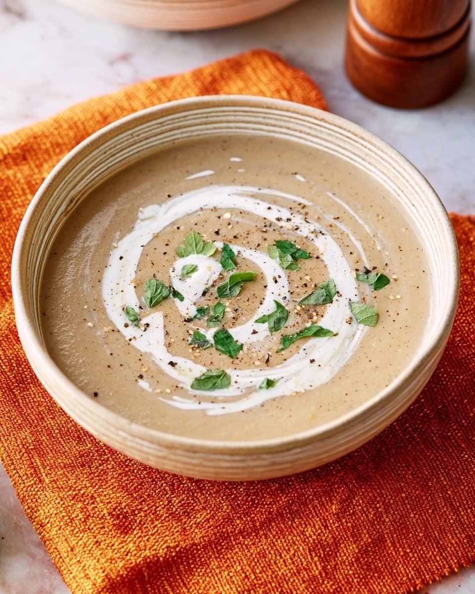 A creamy, light beige soup is served in a white bowl with subtle circular patterns around the rim, placed on top of a bright orange textured cloth on a white marbled surface. The soup has a swirl of white cream on top, garnished with small fresh green herb pieces and a sprinkle of black pepper in the center. The background shows part of a wooden pepper grinder and the corner of another white dish. Photo taken with an iphone --ar 4:5 --v 7