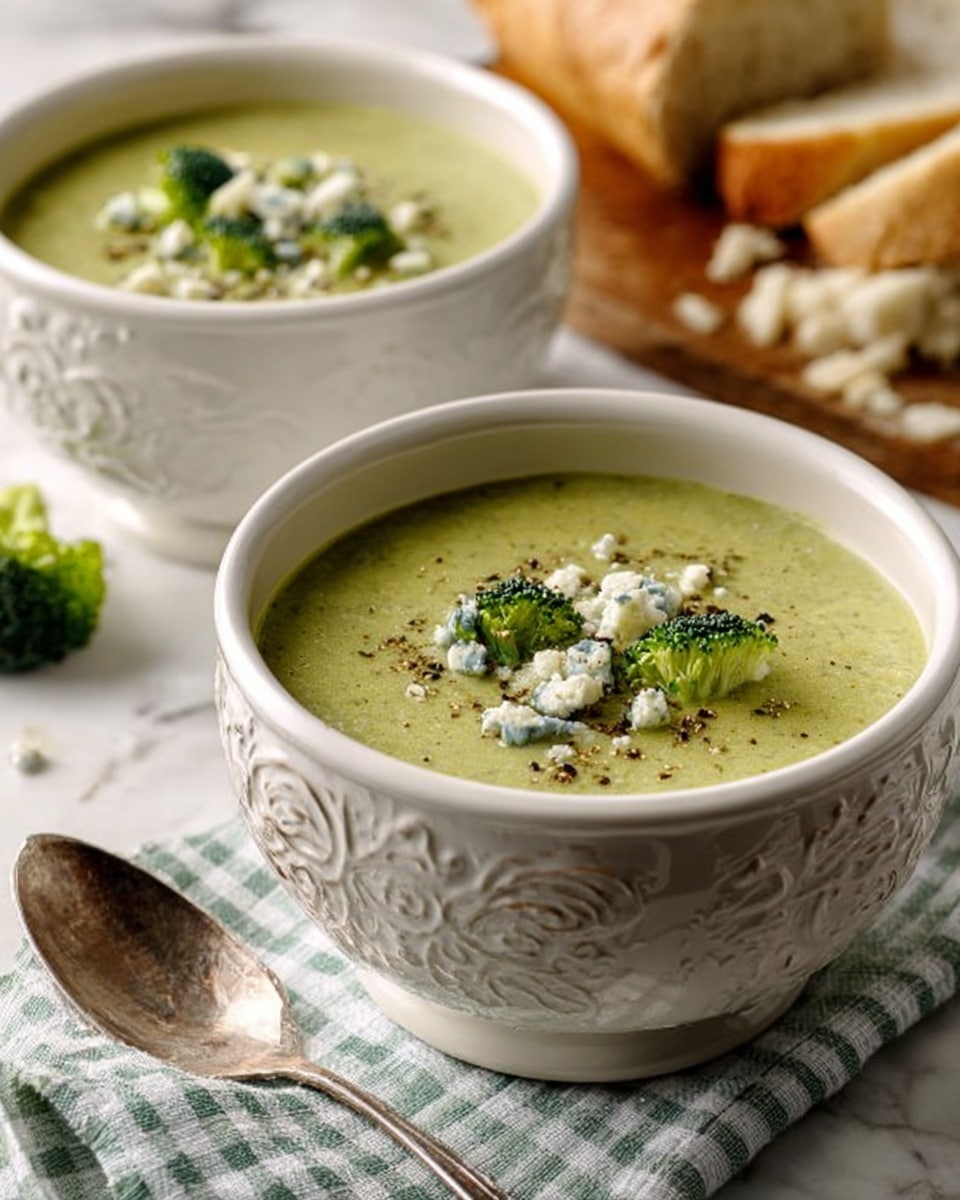 The image shows two white bowls filled with creamy green broccoli soup, each bowl having an intricate raised pattern around its rim. The soup is topped with small broccoli florets and bits of blue cheese, sprinkled with ground black pepper. The bowls sit on a white marbled surface with a light green and white striped cloth underneath. Behind the bowls, there is a wooden board holding pieces of rustic crusty bread, some sliced and some whole. A silver spoon lies beside the front bowl, completing the cozy and fresh look. photo taken with an iphone --ar 4:5 --v 7