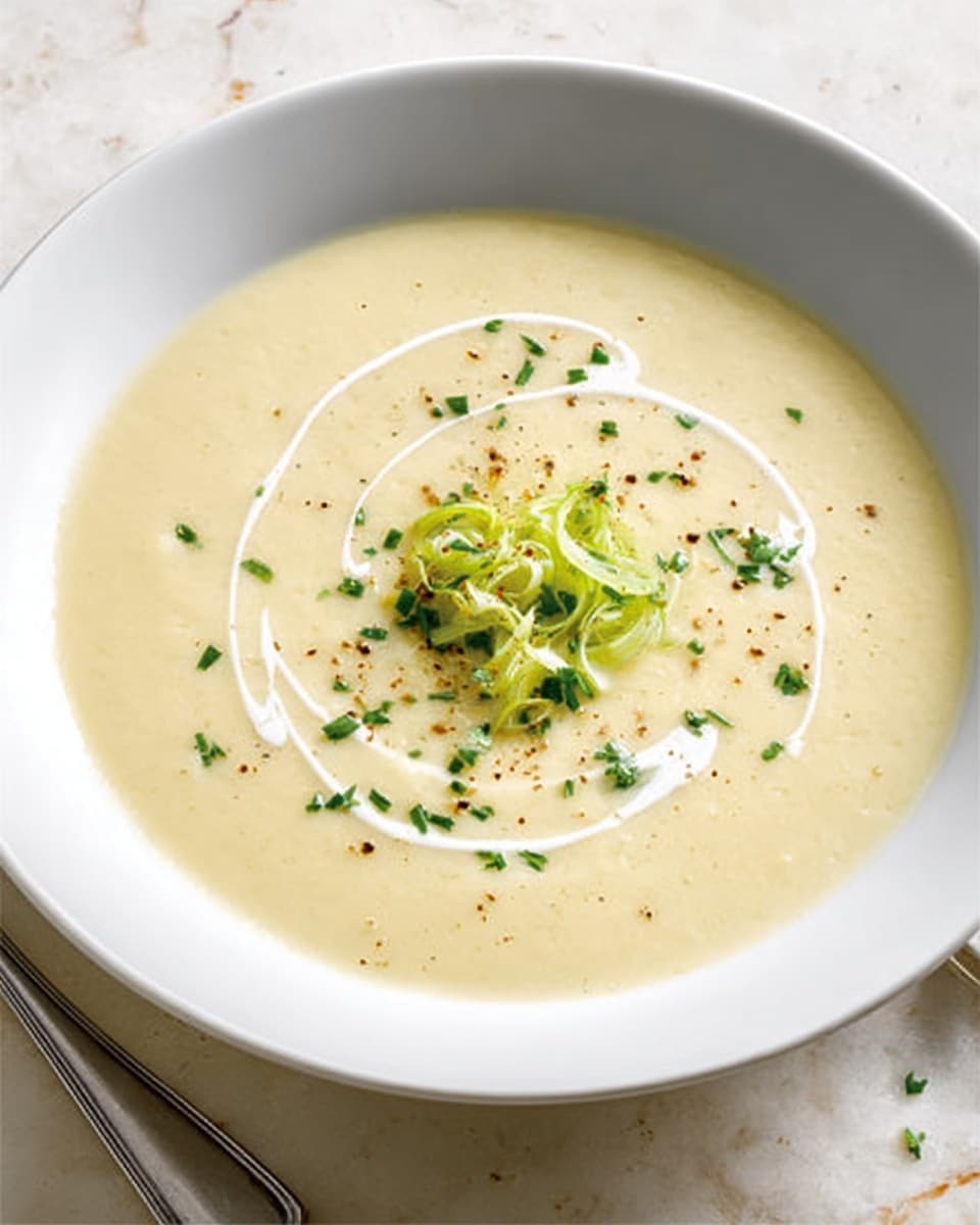A creamy, pale yellow soup fills a deep white bowl, with three swirls of white cream drizzled on top. In the center, there is a small pile of soft, cooked green vegetable pieces, possibly leek or celery, garnished with finely chopped green herbs scattered around. A few black pepper specks are sprinkled lightly on the surface, adding contrast to the smooth texture of the soup. The bowl sits on a white marbled surface with a silver spoon partially visible on the bottom edge. Photo taken with an iphone --ar 4:5 --v 7