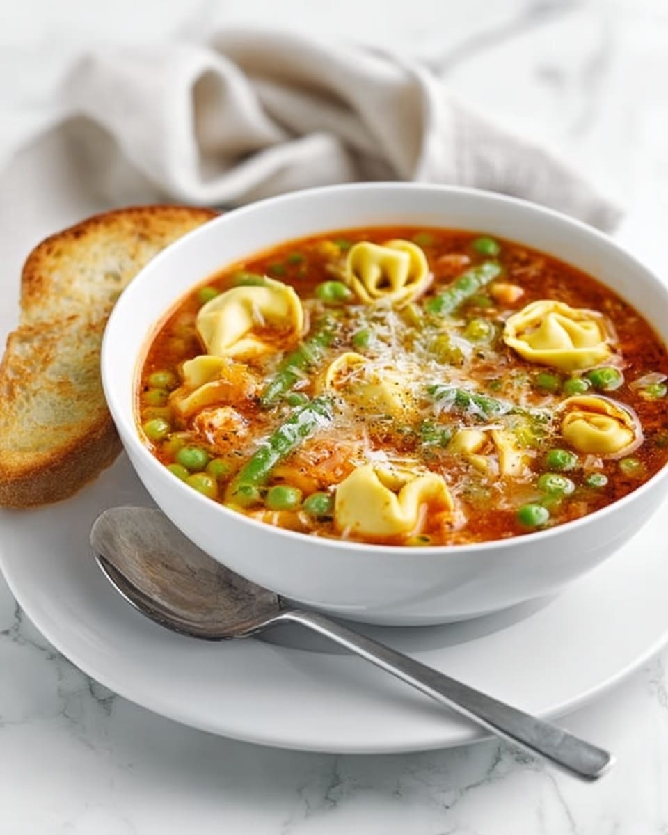 The image shows a white bowl filled with a warm soup that has about three layers: the base layer is a rich, reddish-orange broth, the middle layer has green peas and green beans adding bright green spots, and the top layer is made of small yellow tortellini floating evenly on the surface. A bit of grated cheese is sprinkled on top, adding a light white texture. The bowl sits on a white plate with a silver spoon resting on it, and a slice of toasted bread with a golden crust leans against the bowl. The background is a white marbled texture with a soft, neutral cloth in the back. Photo taken with an iphone --ar 4:5 --v 7