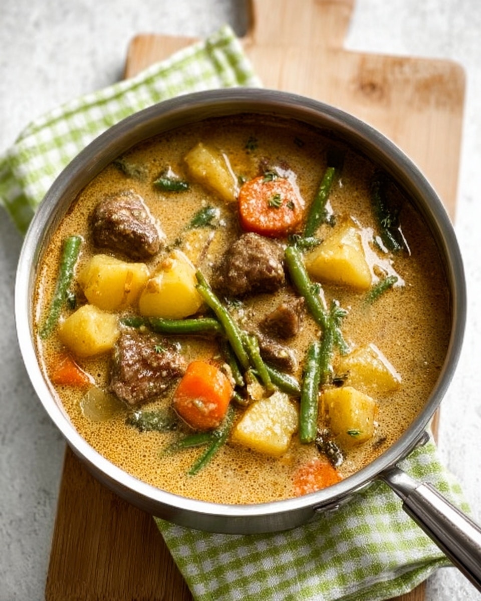 A silver saucepan filled with thick stew showing about three layers: the bottom layer is a creamy light brown broth, the middle layer has chunks of yellow and orange vegetables like carrots and potatoes, and the top layer has browned pieces of meat and green beans scattered around. The pan sits on a white marbled surface, with a green and white checkered cloth underneath it on a wooden board, creating a cozy look. Photo taken with an iphone --ar 4:5 --v 7
