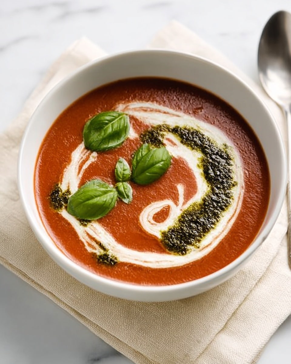 A white bowl filled with smooth reddish-brown tomato soup is placed on a folded cream-colored cloth napkin. The soup has swirls of white cream creating soft curves on the surface. Around the cream swirls, there is a ring of dark green pesto sauce with a slightly rough texture. Three fresh green basil leaves are neatly placed on top of the soup, adding a vibrant touch. The bowl is on a white marbled surface with a silver spoon partially visible next to it. Photo taken with an iphone --ar 4:5 --v 7
