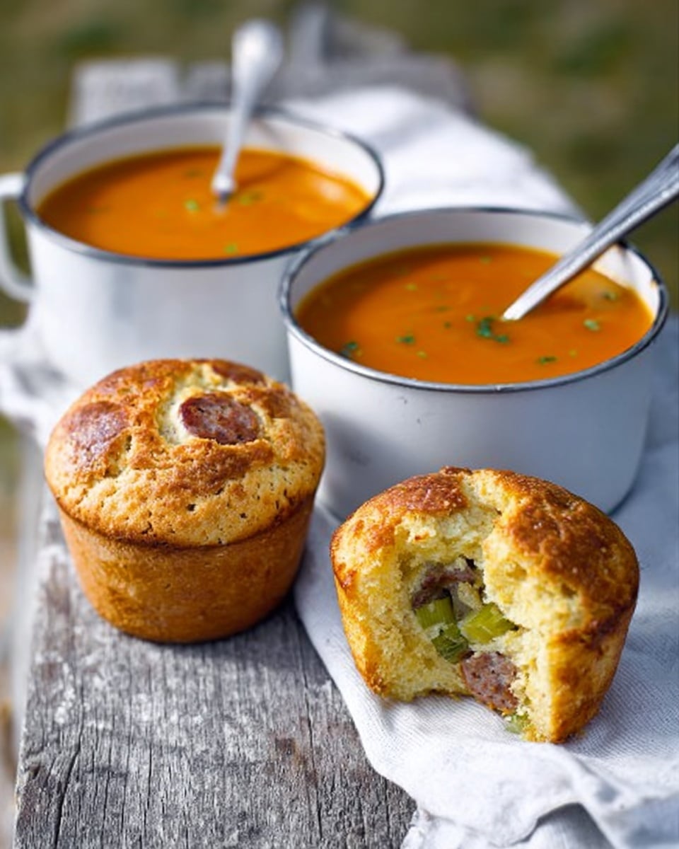 The image shows two white metal bowls filled with smooth, bright orange soup, each with a spoon resting inside. Next to them, there are two small, round savory muffins on a white cloth; one muffin stands whole showing a golden-brown top with visible slices of sausage and bits of green vegetables, while the other is split open revealing a soft, fluffy inside with pieces of sausage and vegetables mixed in. The setting is on a rustic wooden surface with a soft natural light. Photo taken with an iphone --ar 4:5 --v 7