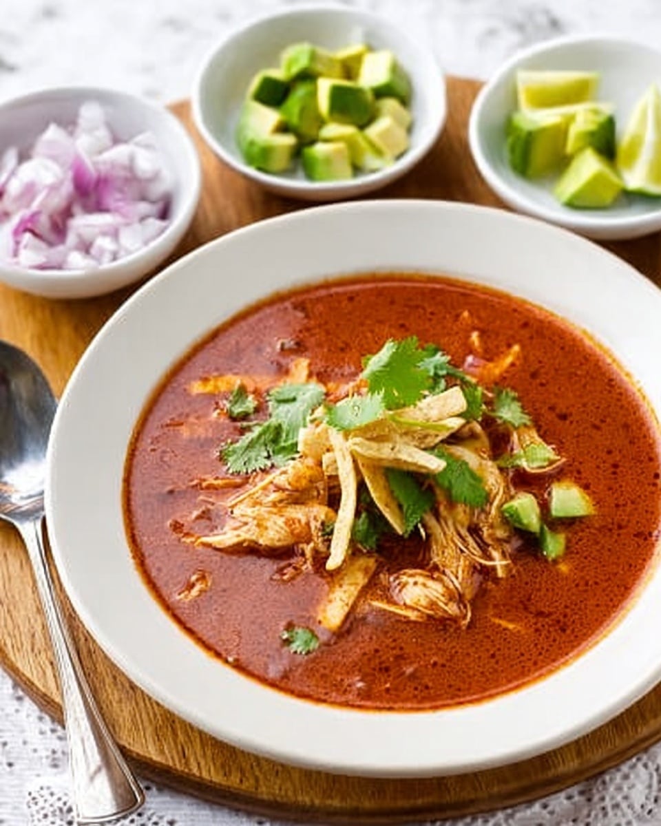 A white bowl filled with rich red tomato-based soup, topped with shredded cooked chicken pieces that have a light brown sear, thin pale yellow strips of fried tortilla, small bright green avocado cubes, and fresh green cilantro leaves placed on top. The bowl is set on a wooden board with a shiny metal spoon on the side. Around the bowl, there are three small white bowls; one holds chopped red onions, another contains green avocado cubes, and the last one has wedges of green lime. The background is a white marbled texture. Photo taken with an iphone --ar 4:5 --v 7
