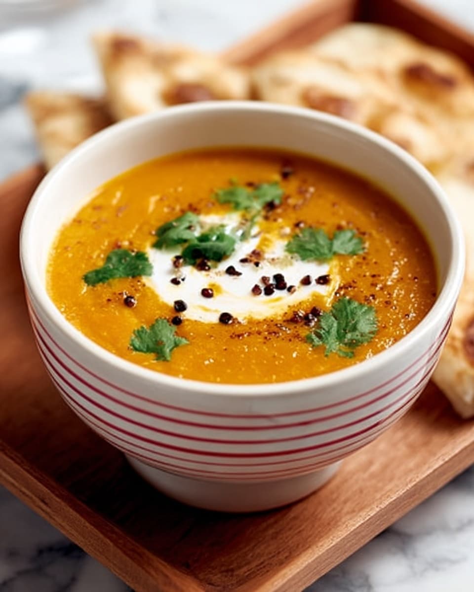 A white bowl with red stripes holds a thick, smooth orange soup topped with a dollop of white yogurt or cream at the center. On top, small dark seeds and fresh green cilantro leaves are scattered as garnish. The bowl is placed on a wooden tray with pieces of toasted bread or flatbread beside it. The background features a white marbled texture, giving a clean and simple look. photo taken with an iphone --ar 4:5 --v 7