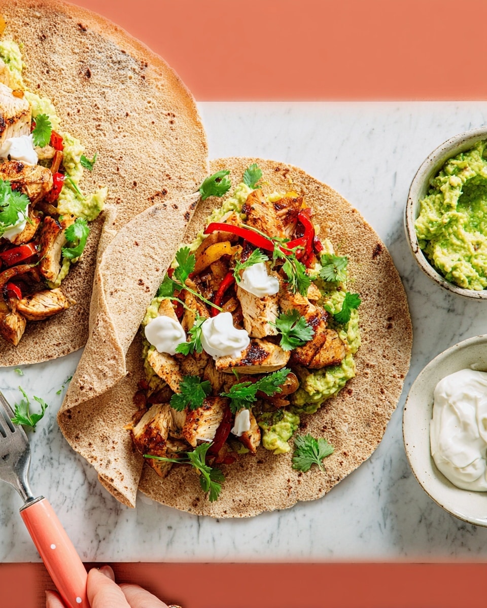 The image shows two whole grain tortillas, one open and one folded. The open tortilla has four layers: the bottom layer is light green mashed avocado spread unevenly, the second layer is golden grilled chicken slices mixed with red bell pepper strips and cooked onions, the third layer is white dollops of sour cream scattered on top, and the fourth layer is fresh green cilantro leaves sprinkled all over. The folded tortilla reveals similar fillings peeking out. To the right, there is a small white bowl with mashed avocado and a white container with some sour cream. A woman's hand with a fork that has a coral handle is resting beside the open tortilla. The surface beneath everything is a white marbled texture. photo taken with an iphone --ar 4:5 --v 7