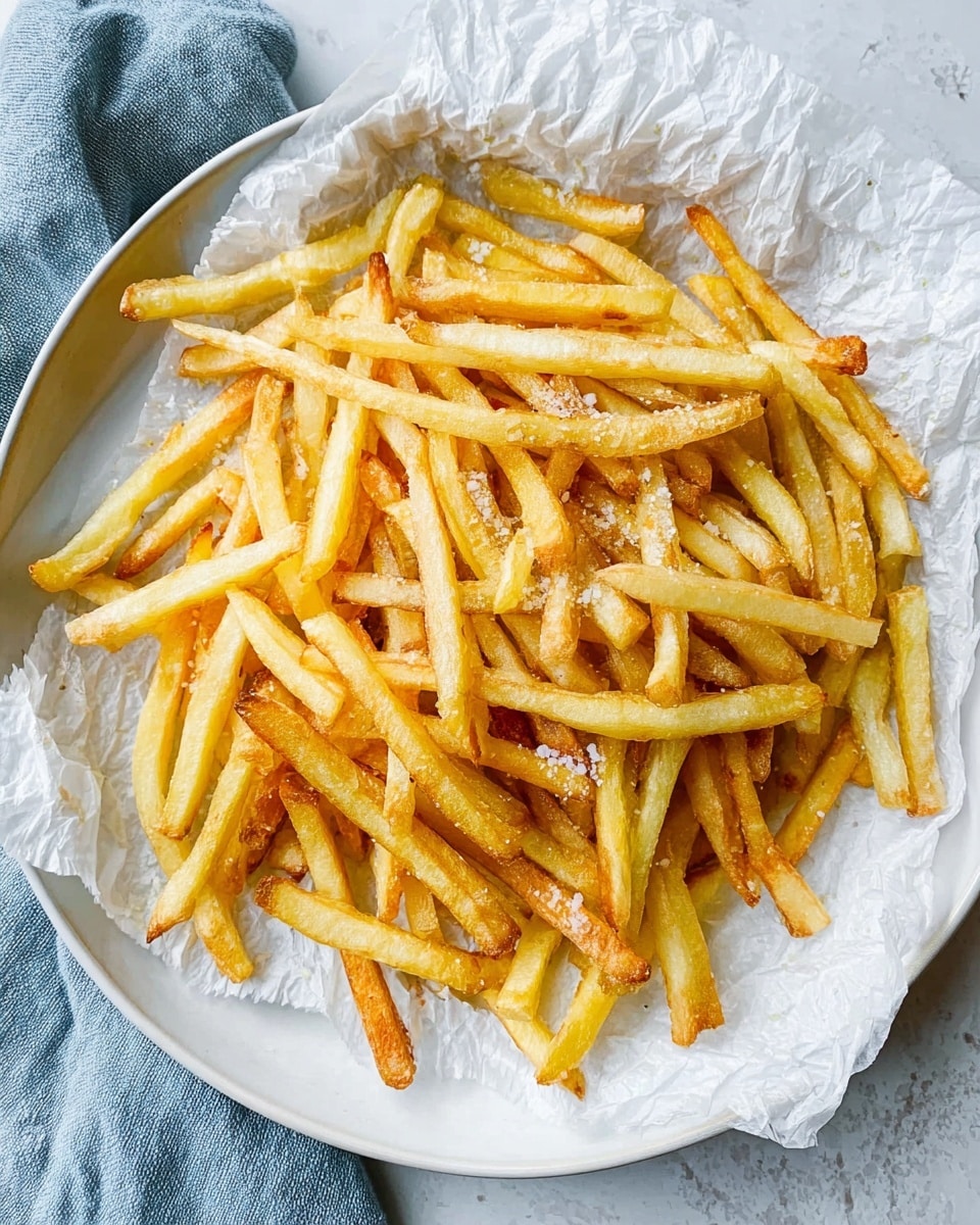 A white plate is filled with a single layer of thin French fries resting on crumpled white parchment paper. The fries are golden yellow with some showing light brown crispy edges and flecks of coarse salt sprinkled on top. The plate sits on a white marbled surface with a soft blue cloth partially visible on the left side. The scene looks bright and fresh, emphasizing the warm color and texture of the fries. photo taken with an iphone --ar 4:5 --v 7