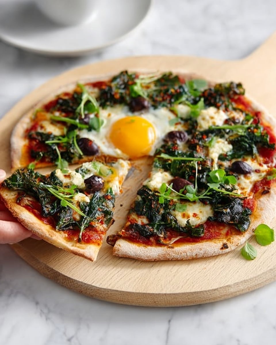 A round pizza on a light wooden board placed on a white marbled surface, with a thin crust that is light brown and slightly crispy. The base layer is red tomato sauce spread evenly. On top, there are dark green leafy vegetables scattered across the pizza, along with black olives and melted light beige cheese patches. Near the center, there is a cooked egg with a bright yellow yolk and white surrounding it. Fresh green leafy herbs are sprinkled on top. One slice is being held by a woman's hand, showing the layers clearly. Photo taken with an iphone --ar 4:5 --v 7
