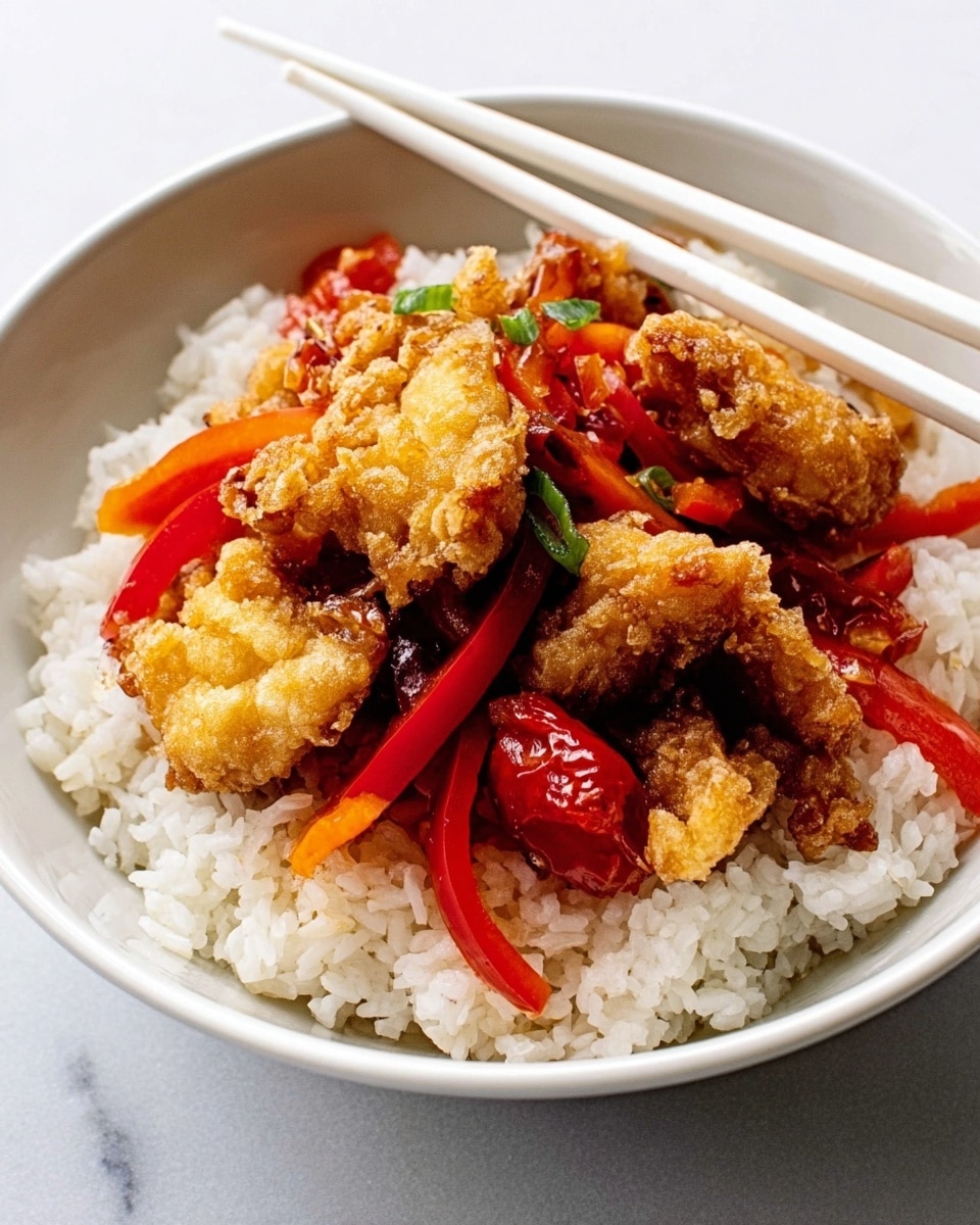 A white shallow bowl holds a serving of cooked white rice on one side, fluffy and slightly textured. On top and slightly to the side of the rice, there are three pieces of golden-brown fried chicken with a crispy, rough texture, partially covered with a glossy dark brown sauce. Surrounding the chicken and scattered on the rice are some bright red sliced bell peppers and small orange carrot pieces, adding color contrast. White chopsticks rest on the edge of the bowl. The bowl sits on a white marbled surface. Photo taken with an iphone --ar 4:5 --v 7