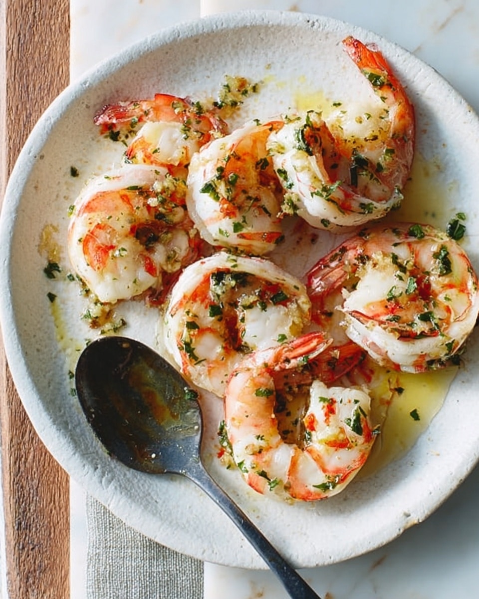 The image shows a white plate with seven cooked shrimp arranged loosely around the plate, each shrimp having a reddish-pink shell with white flesh visible. The shrimp are lightly coated in a golden oil or butter with small green herb pieces sprinkled on top, creating a fresh and glistening look. A dark spoon sits at the bottom center of the plate, partially under one shrimp. The background is a white marbled surface with a bit of a wooden edge showing. Photo taken with an iphone --ar 4:5 --v 7