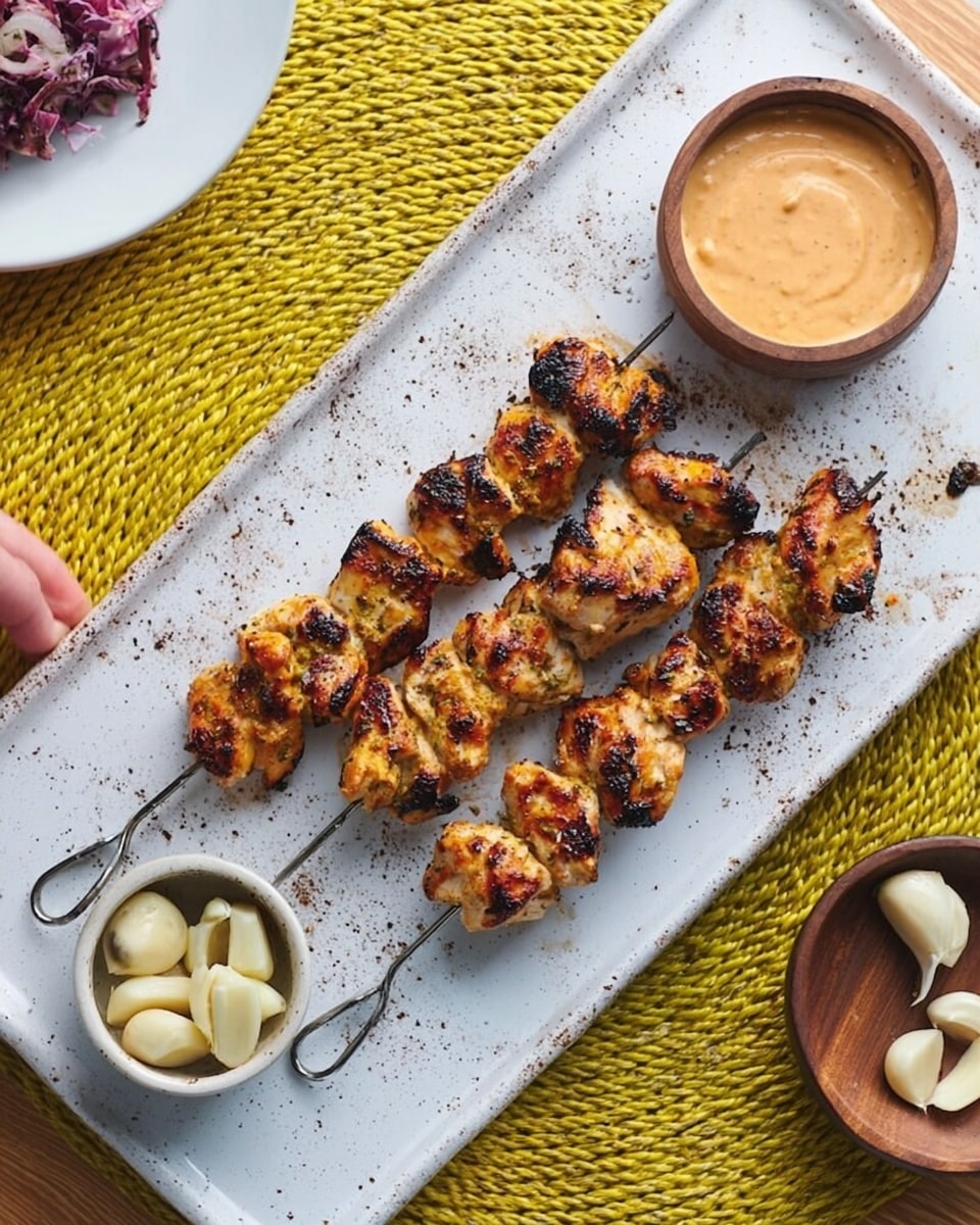 The image shows five skewers of grilled chicken pieces, each with a golden-brown, slightly charred texture, arranged in a row on a rectangular white plate with a speckled edge. In the lower left corner of the plate, there is a small white bowl filled with peeled garlic cloves, and near the upper right corner, there is a small round wooden bowl holding a creamy, light orange dipping sauce. The plate is placed on a white marbled surface covered by a yellow woven mat underneath it. A woman's hand is in the top left corner, holding a white plate with a purple side dish. photo taken with an iphone --ar 4:5 --v 7