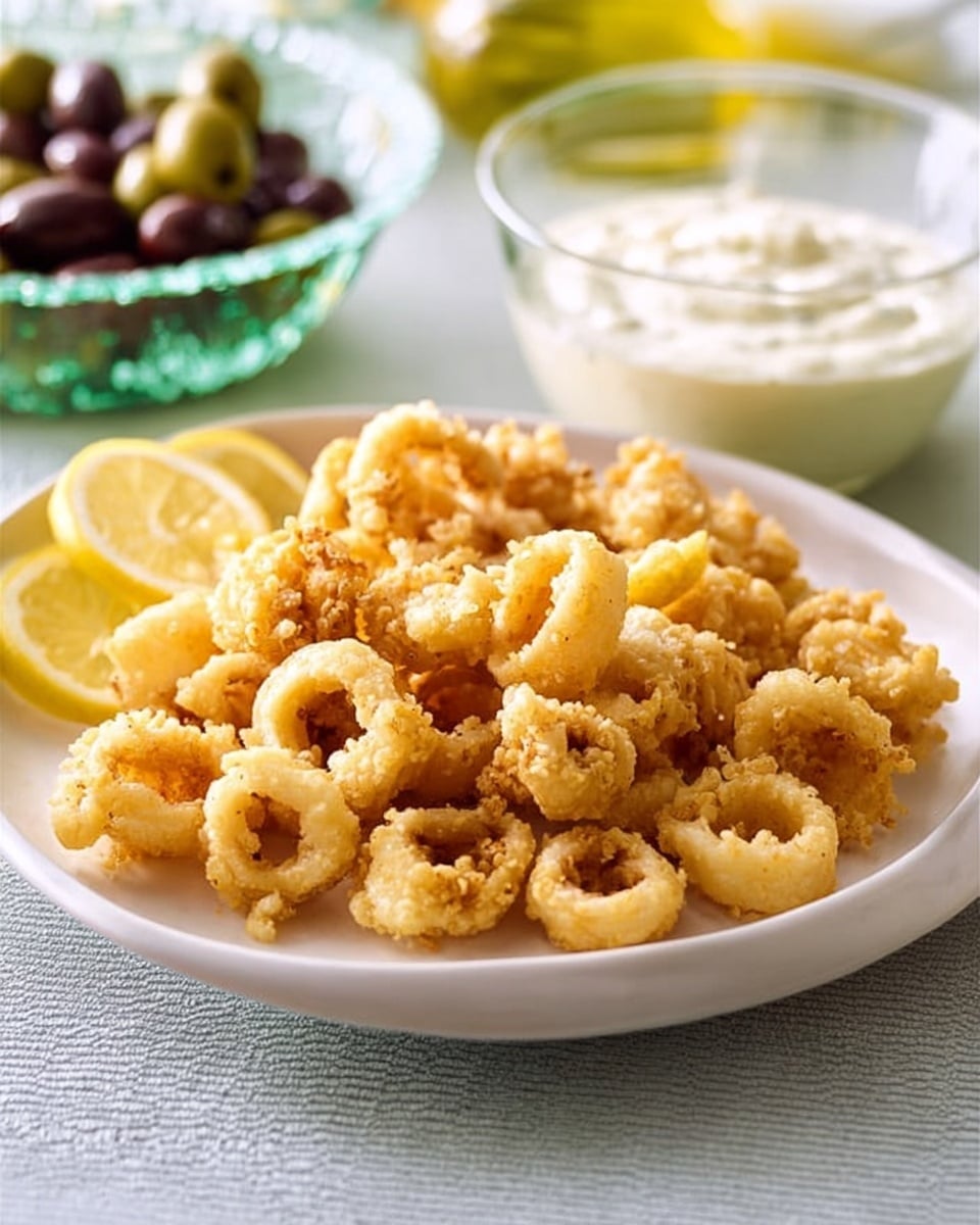 A white plate is filled with many small, golden-brown fried calamari rings piled up in the center showing a crispy texture. To the left side of the plate, two lemon wedges rest near the calamari. Behind the plate, a clear glass container holds a thick white dipping sauce. In the background, a glass bowl with dark olives and a soft white marbled textured surface completes the scene. photo taken with an iphone --ar 4:5 --v 7
