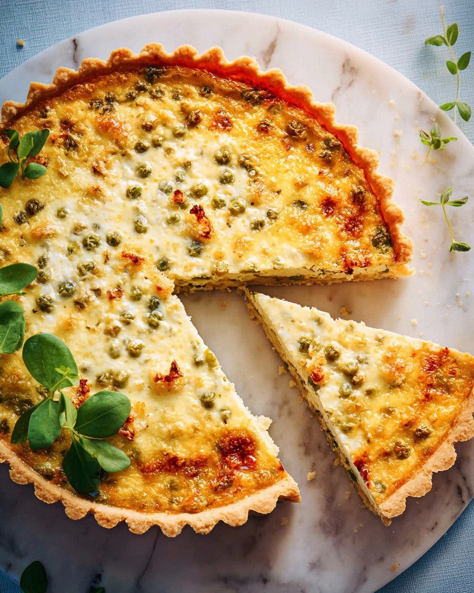 A round pie with a golden-brown crust sits on a white marble surface, with two triangular slices neatly cut and slightly pulled out from the main pie. The top layer is creamy with scattered small green peas and bits of melted light yellow cheese, giving it a rough but soft texture. Fresh green leaves are placed on one side of the pie, adding a touch of color contrast to the light yellow and green toppings. The pie crust edges are firm and lightly browned. Photo taken with an iphone --ar 4:5 --v 7