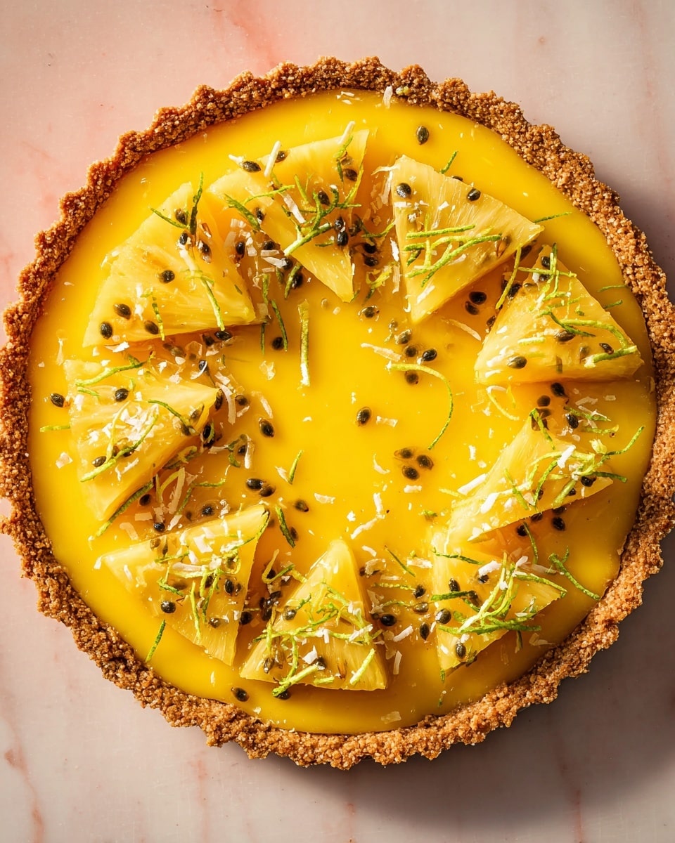A round tart with a golden brown crumbly crust forms the base layer, topped by a smooth, bright yellow filling resembling mango or passion fruit curd. On the surface, there is a ring of thin triangular pineapple slices arranged in a circle, decorated with small black passion fruit seeds and sprinkled white coconut flakes. Thin green lime zest strands are scattered over the fruit, adding a fresh touch to the vibrant colors. The tart sits on a white marbled background, with soft shadows giving a natural light effect. Photo taken with an iphone --ar 4:5 --v 7