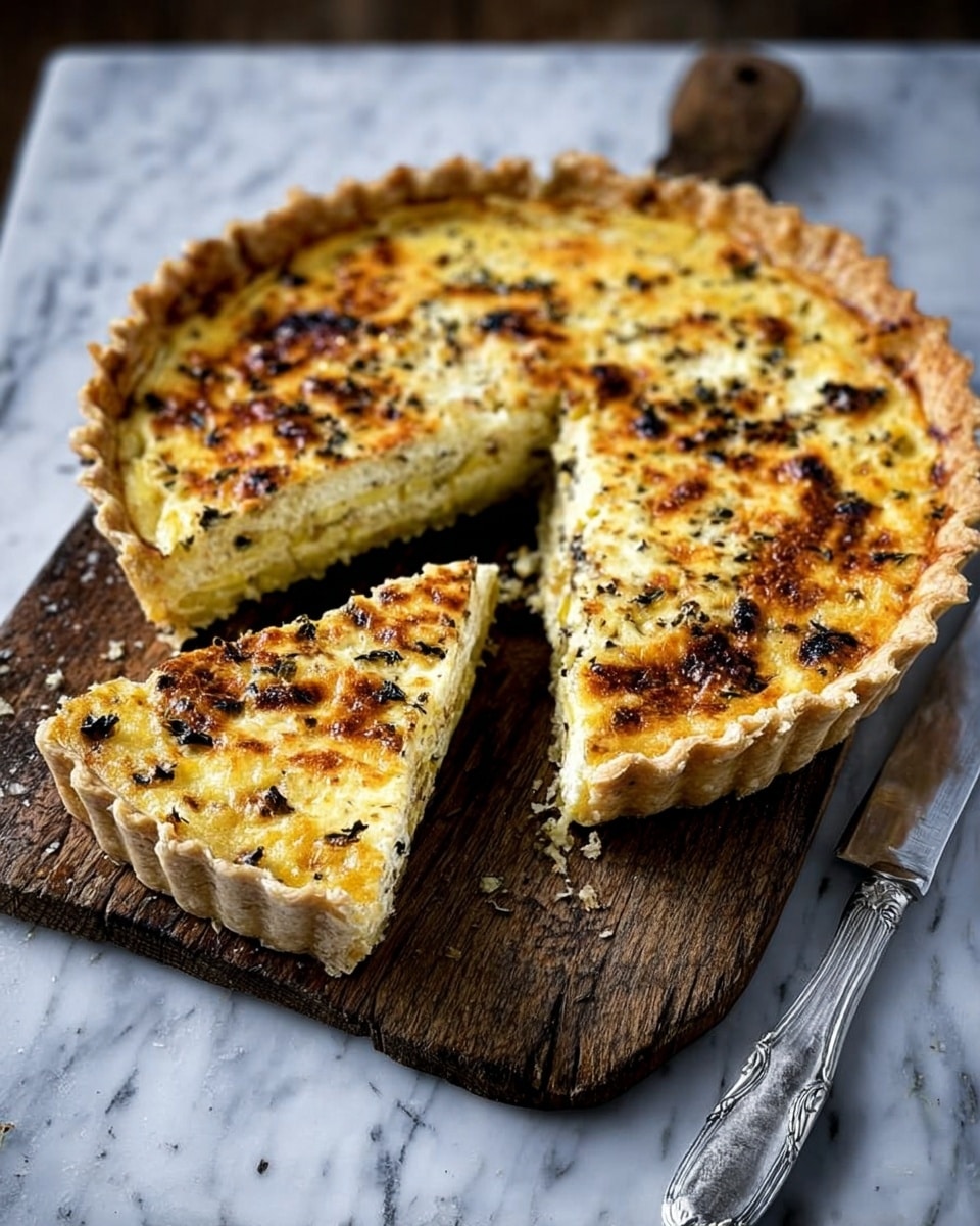 The image shows a round quiche with a golden brown, slightly crispy crust that has curved edges. Inside, there are two visible layers: the bottom layer appears to be a soft, yellow vegetable layer, possibly squash or zucchini, while the top layer is a creamy, pale yellow custard mixed with browned cheese and herbs scattered unevenly throughout. Two slices have been cut out and laid on a white marble surface, showing the layers clearly. The setting includes an old-fashioned silver knife on the right. The quiche sits on a wooden board contrasting with the white marbled texture underneath. photo taken with an iphone --ar 4:5 --v 7