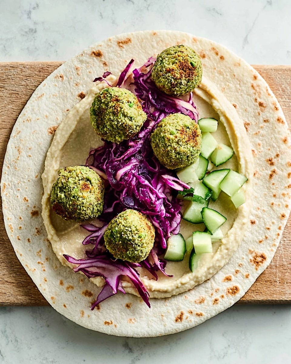 A flat white tortilla lies flat on a white marbled surface, topped with a creamy light beige hummus spread evenly as the base layer. On top of the hummus, there are small bright green falafel balls placed in a slightly scattered row near the center. To one side of the falafel, there is a small pile of shredded purple cabbage, adding a vibrant pop of color. Below the falafel pieces, small chunks of fresh pale green cucumber add texture and freshness. The overall look shows a simple, fresh mix of colors and textures ready to be folded or rolled. Photo taken with an iphone --ar 4:5 --v 7