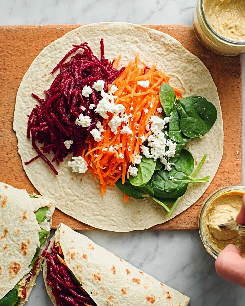 The image shows an open tortilla wrap on a white marbled surface, layered with a smooth, light beige spread, followed by three neatly placed piles of finely shredded vegetables: deep red beets on the left, bright orange carrots in the middle, and fresh green spinach leaves on the right. Crumbled white cheese is sprinkled over the vegetables, adding texture and contrast. To the side on the white marbled surface, there is a folded tortilla wrap showing similar colorful fillings inside. A woman's hand with a spoon is spreading the beige spread on the open tortilla, and next to it, a clear jar filled with the same beige spread is visible. The overall color palette is warm and fresh with a focus on a healthy, colorful wrap. Photo taken with an iphone --ar 4:5 --v 7