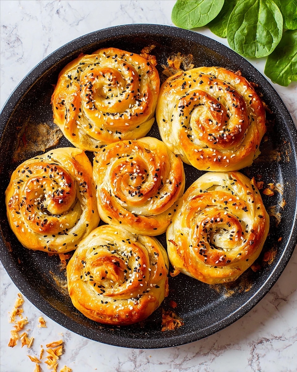 The image shows five spiral-shaped pastries arranged in a round black pan. Each pastry has multiple thin layers of golden-brown dough, with a slightly crispy and flaky texture, sprinkled with small black sesame seeds on top. The pastries have a shiny surface, indicating they were brushed with oil or butter before baking. The pan has some crumbs and flakes from the pastries on one side. The pan sits on a white marbled surface with some green spinach leaves to the upper right. photo taken with an iphone --ar 4:5 --v 7