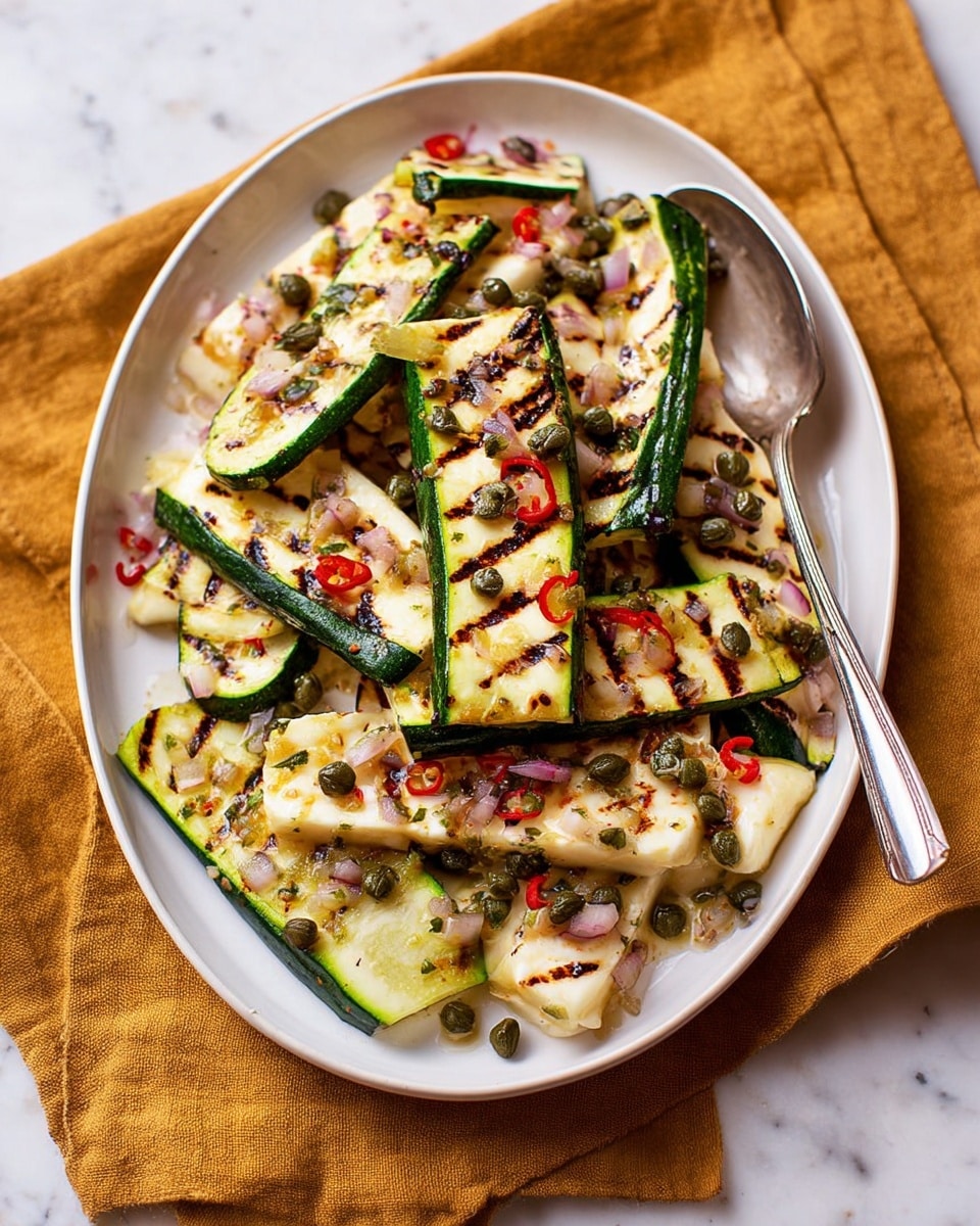A white oval plate holds a dish made of grilled zucchini slices and creamy white grilled cheese pieces arranged in layers, with the green zucchini strips and white cheese overlapping each other. The zucchini and cheese both have dark brown grill marks and are sprinkled with small pieces of red chili, pale pink onion bits, and green capers. A silver spoon rests on the right side of the plate, partly on top of the dish. The plate is placed on a wrinkled yellow-brown cloth, all set against a white marbled background. photo taken with an iphone --ar 4:5 --v 7