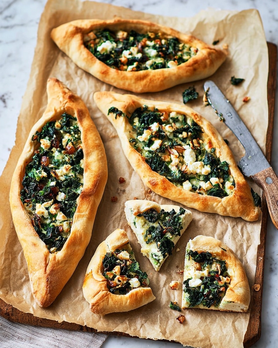 The image shows four oval-shaped flatbreads with golden-brown crusts, topped with a mix of wilted dark green leafy vegetables and small white cheese chunks scattered across them. Two of the flatbreads are whole, while the other two are cut into triangular slices, showing a thick, soft golden crust on the sides. The flatbreads rest on crumpled white parchment paper, placed over a white marbled textured surface. A knife with a wooden handle lies beside the flatbreads. photo taken with an iphone --ar 4:5 --v 7