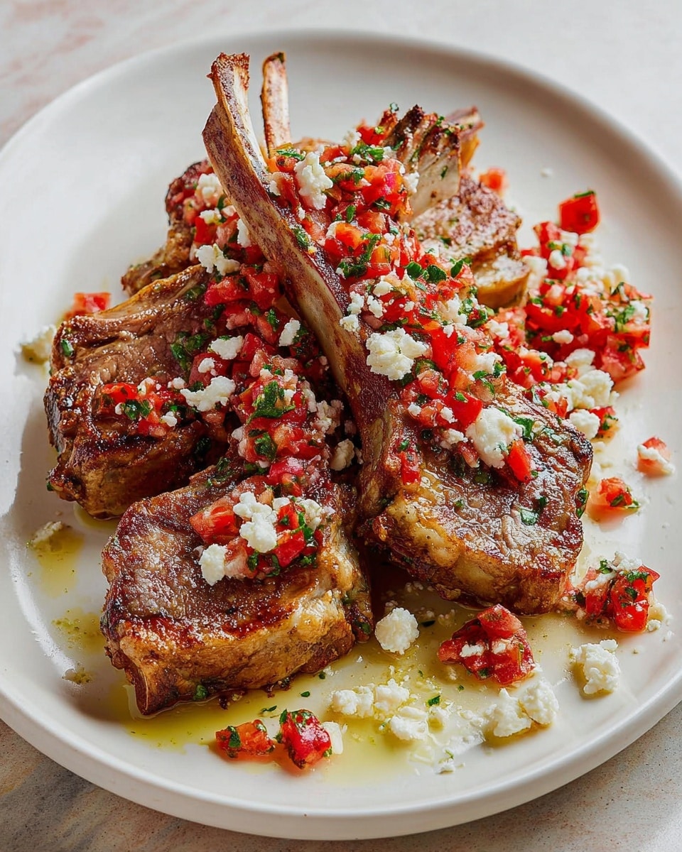 The image shows a white oval plate holding six cooked lamb chops arranged in a slightly stacked manner, each chop featuring a golden brown crust with parts of the bone visible. On top of the lamb chops and scattered around, there is a fresh, colorful topping made of small red diced tomatoes, crumbled white cheese, and finely chopped green herbs, adding a lively contrast to the rich meat. Some light olive oil drizzle glistens on the surface of the meat and plate, giving a moist and appetizing shine. The plate is set on a white marbled textured surface. photo taken with an iphone --ar 4:5 --v 7