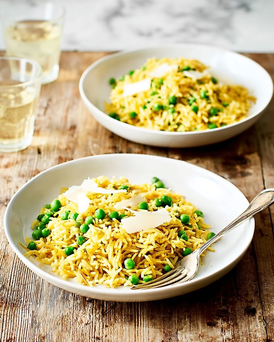 The image shows two white bowls filled with yellowish rice mixed with green peas and sprinkled with thin white slices of cheese. The rice looks fluffy and well-cooked, with bright green peas spread evenly throughout. The bowls rest on a rough, wooden table with a rustic texture. A fork lies next to the bowl in the front, and there is a glass with a light drink in the background. The whole scene is set against a white marbled texture surface. photo taken with an iphone --ar 4:5 --v 7