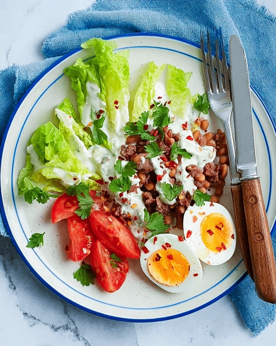 The image shows a white plate with a blue rim on a white marbled surface. The plate has four main sections: on the top left, there are three pieces of fresh green lettuce with white salad dressing drizzled on top; in the center, there is a mix of cooked beans and small pieces of brown meat topped with some more white dressing and a sprinkling of red chili flakes and fresh green parsley leaves; at the bottom left, there are bright red tomato wedges; on the right side, there are two halves of a soft-boiled egg with slightly runny yolks, garnished with a few red chili flakes and parsley. A fork and knife with wooden handles are placed on either side of the plate, and a blue cloth is near the top left corner. photo taken with an iphone --ar 4:5 --v 7