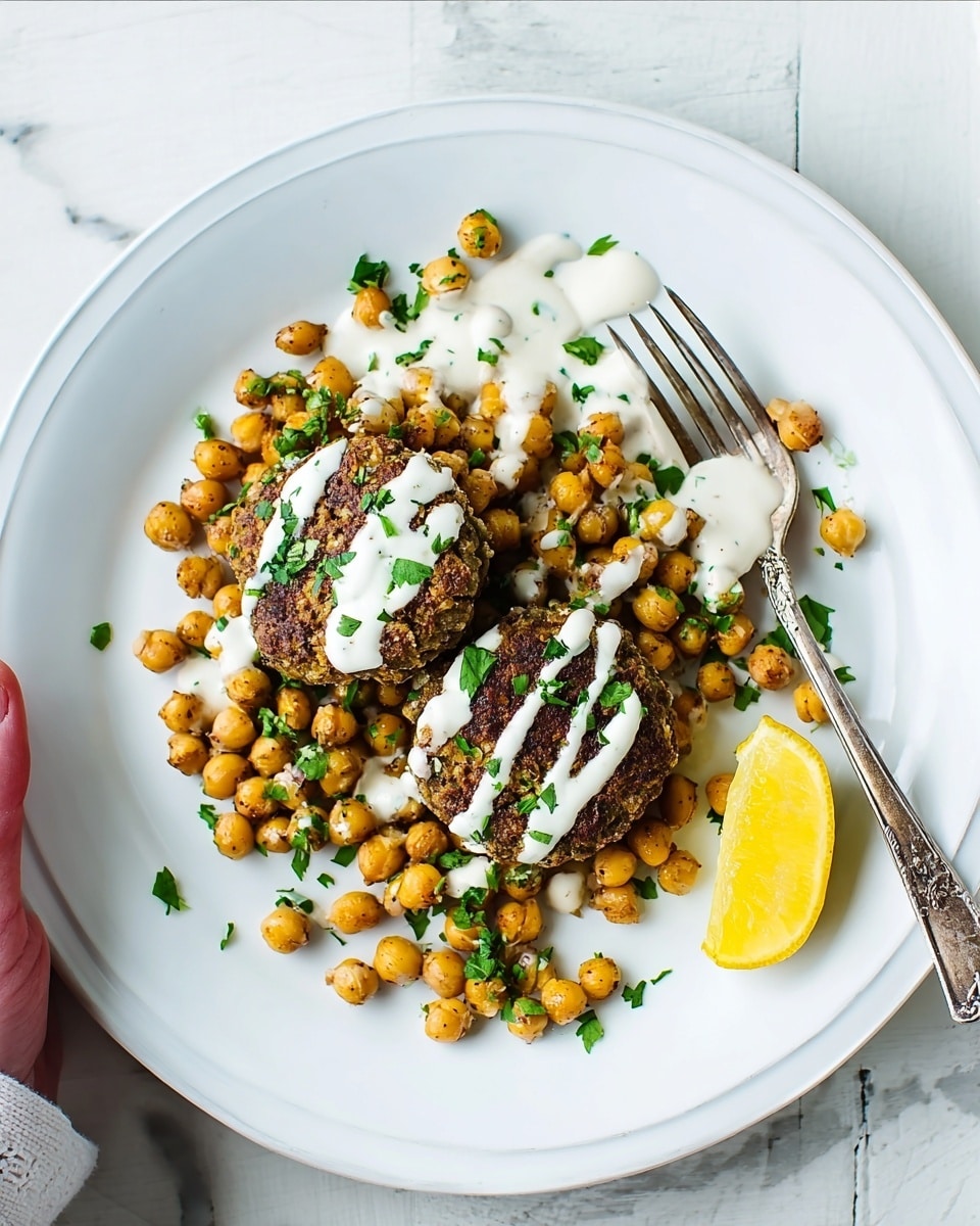 The image shows a white plate on a white marbled surface with a simple meal. There are two dark brown, round patties placed on top of a bed of golden brown chickpeas scattered all over the plate. Both patties have a drizzle of light white sauce on them, and green chopped herbs are sprinkled on the patties and chickpeas. To the right of the patties, there is a small yellow lemon wedge. A silver spoon rests near the lemon wedge on the plate. Part of a woman's hand holding the edge of the plate is visible at the bottom right side. photo taken with an iphone --ar 4:5 --v 7