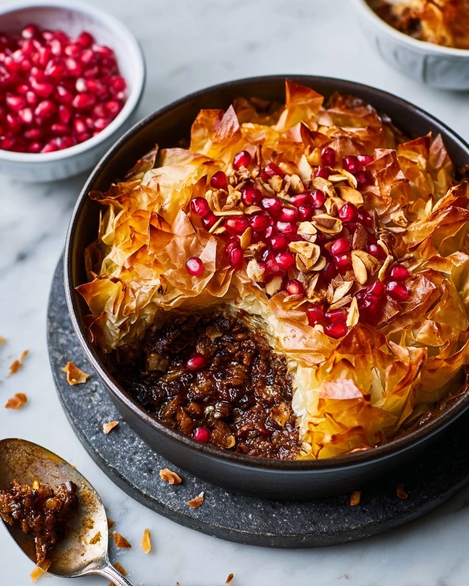 A round black dish holds a layered baked dish starting with a rich, dark brown mixture at the bottom, topped with golden brown, crispy, and crinkled phyllo dough sheets. The phyllo dough is sprinkled with light tan almond slices and bright red pomegranate seeds, adding texture and color contrast. A portion is missing, showing the thick dark layer underneath. The dish sits on a round dark stone coaster, set on a white marbled background. Nearby is a white bowl filled with more pomegranate seeds and a spoon resting on the surface with some crumbs around it. Photo taken with an iphone --ar 4:5 --v 7