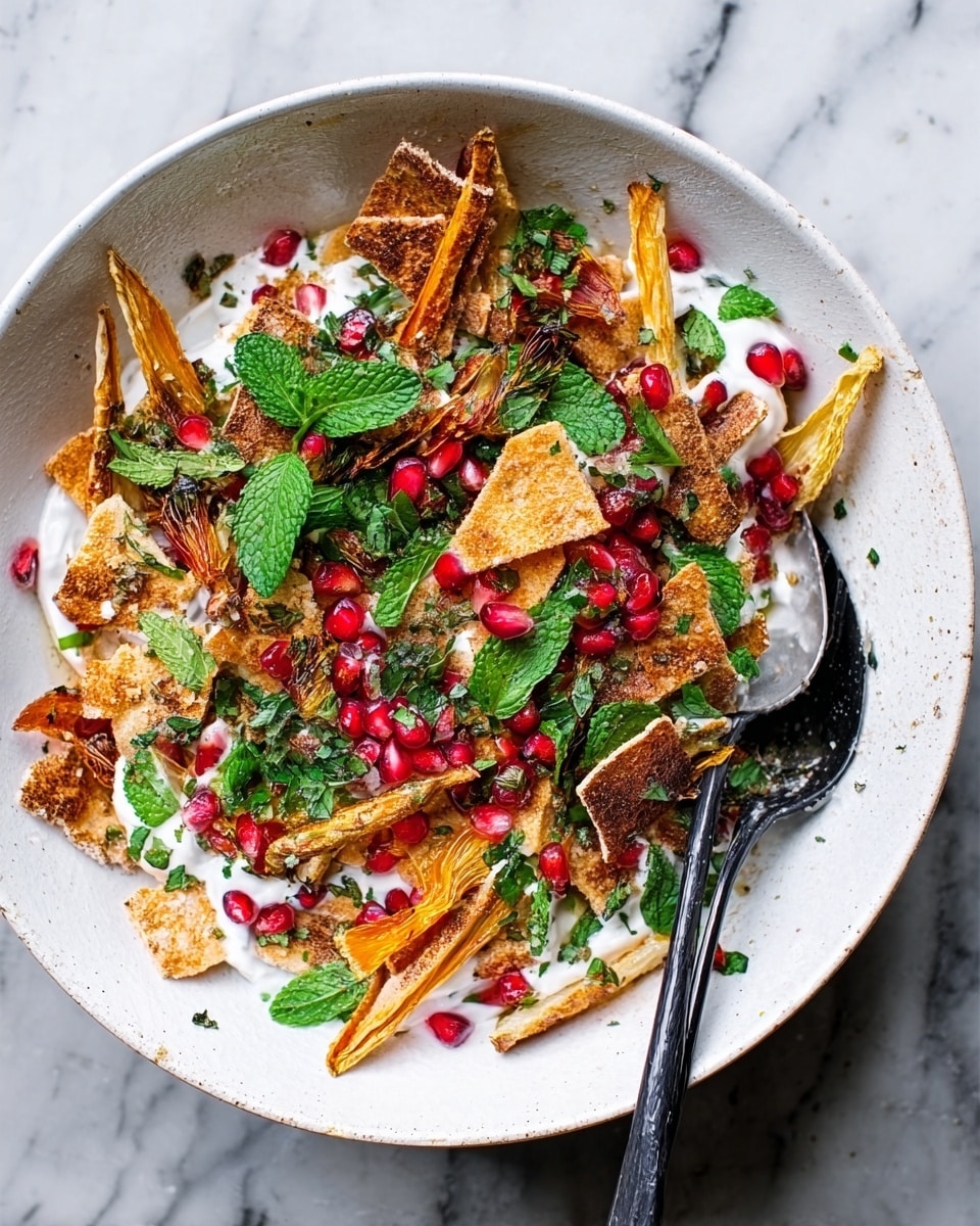 A white bowl filled with a layered dish showing crunchy golden-brown pita bread pieces scattered across the base, topped with creamy white yogurt dollops, bright red pomegranate seeds, and fresh green herbs like mint and parsley scattered on top. There are also thin slices of roasted golden-brown parsnip or similar vegetable placed around, adding texture and color contrast. Black chopsticks rest on the bowl's edge with a spoon partly inside, all placed on a white marbled surface. photo taken with an iphone --ar 4:5 --v 7