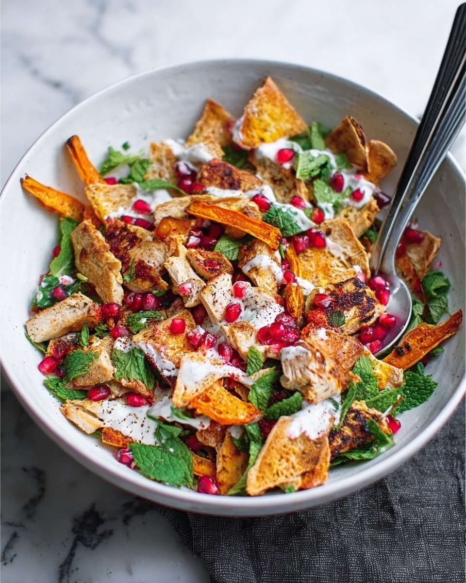 A white bowl filled with a colorful salad sitting on a white marbled surface. The dish has multiple layers: crispy golden brown pita bread pieces scattered throughout, chunks of grilled chicken with a slightly charred texture, thin orange strips that look like roasted carrot sticks, small bright red pomegranate seeds sprinkled all over, and fresh green mint leaves mixed in. There is a white creamy dressing lightly drizzled on top, with some tiny red chili slices spread across. A silver spoon and a pair of black chopsticks rest inside the bowl. Photo taken with an iphone --ar 4:5 --v 7
