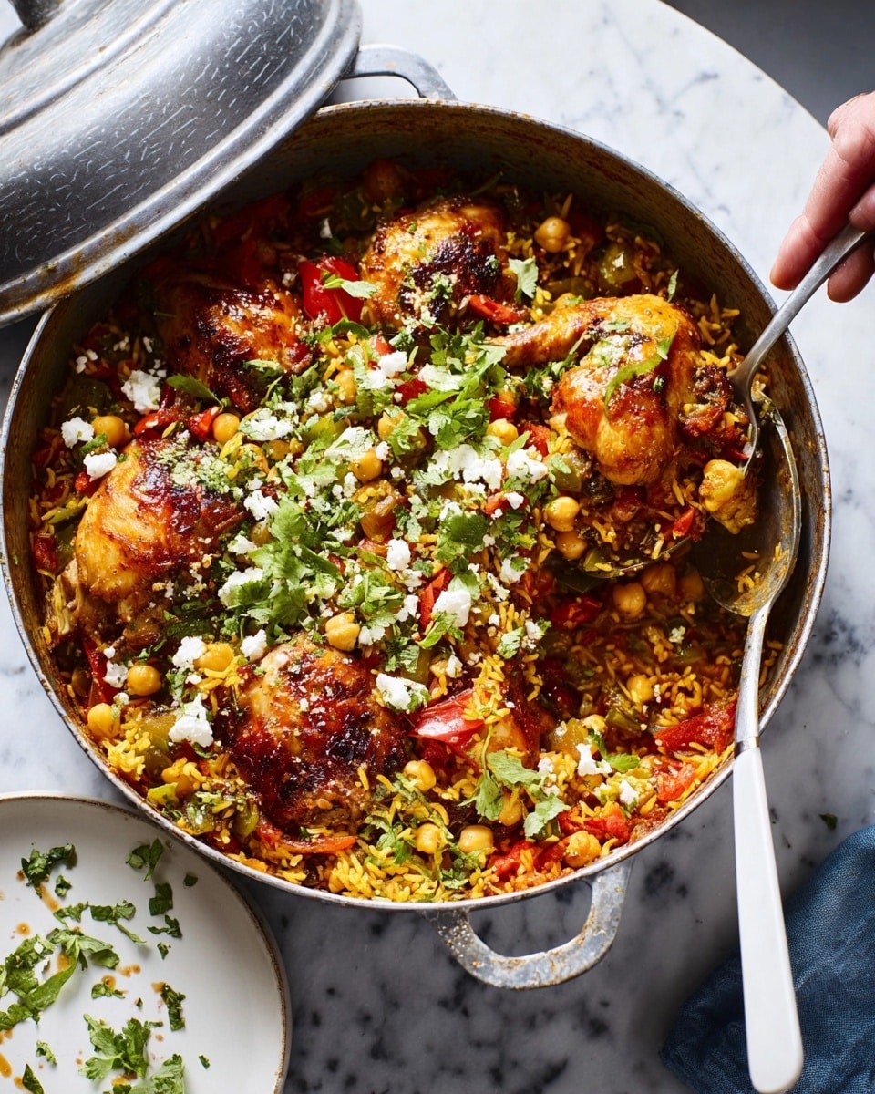 The image shows a round metal pot with thick handles containing a colorful layered dish. The lowest layer is a mix of small pasta or grains with a yellowish tint, topped by round roasted vegetables, including orange carrots and red peppers. On top of this are scattered white crumbled cheese pieces and fresh green herbs, with some kidney beans visible as well. To the right, a white plate on a white marbled surface holds a portion of the food, served with a large spoon resting on the plate’s edge. A woman's hand is lifting the pot’s lid, which is slightly tilted and grayish in color. Photo taken with an iphone --ar 4:5 --v 7