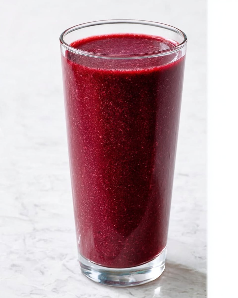 A tall clear glass filled fully with a thick, deep red smoothie with a slightly grainy texture, smooth on top, no visible layers or toppings, placed on a white marbled surface, photo taken with an iphone --ar 4:5 --v 7