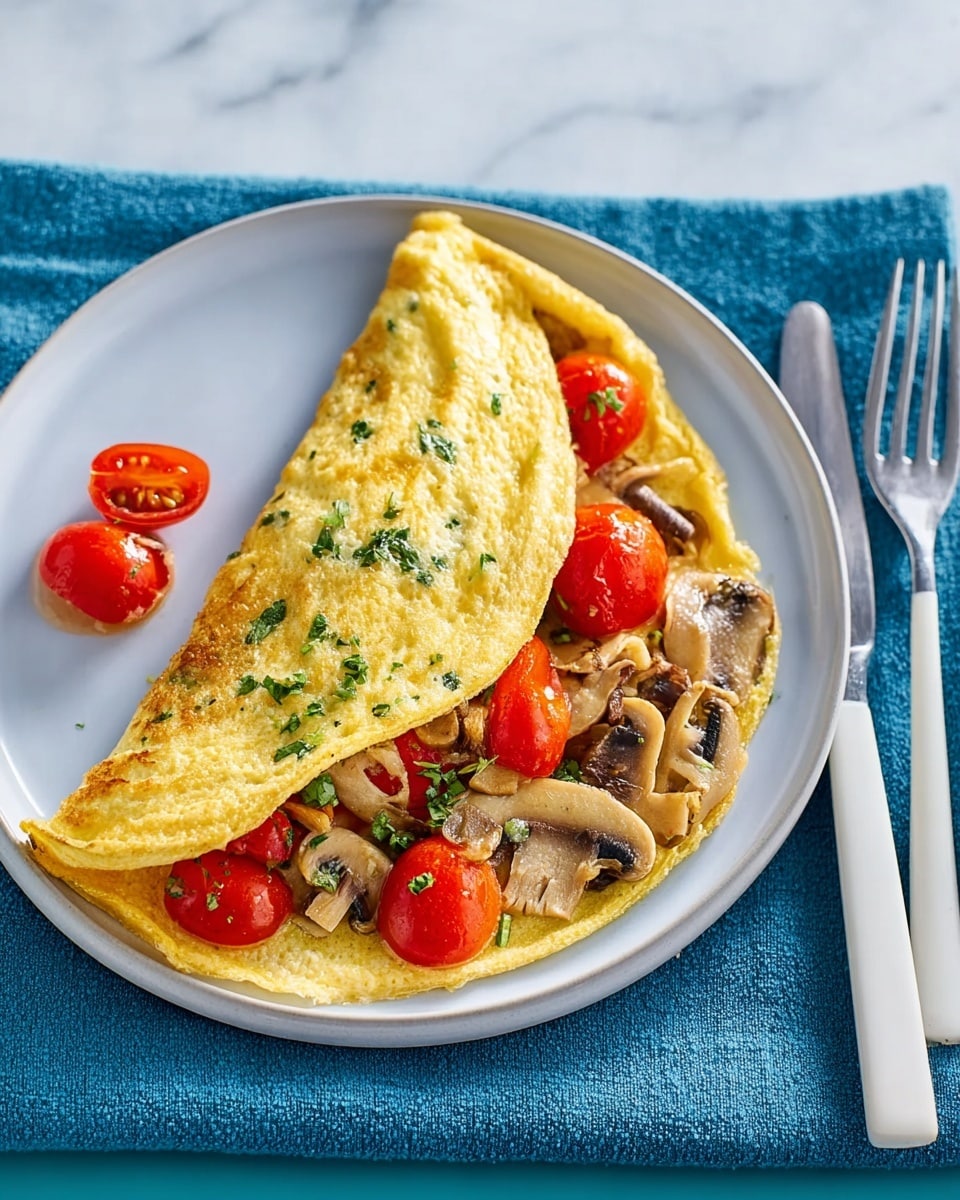 A white plate holds a folded omelette with visible green herbs mixed into the yellow egg layer, covering part of the filling. The filling consists of bright red cherry tomatoes and light brown sliced mushrooms, both slightly cooked, spilling out from the open side of the omelette. A white fork and knife are placed parallel on the right side of the plate on a blue cloth napkin. The background is a white marbled surface. photo taken with an iphone --ar 4:5 --v 7