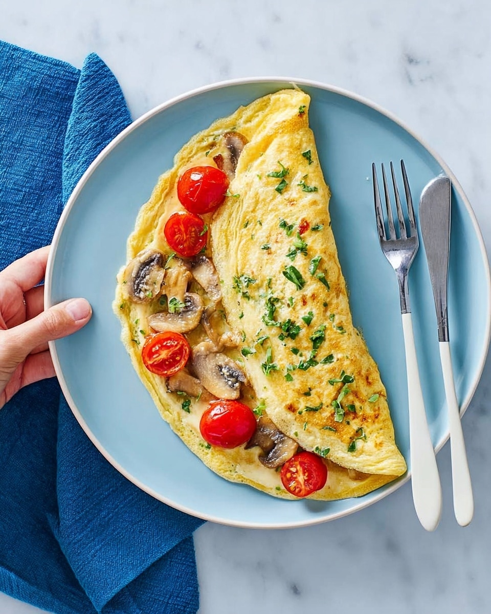 The image shows a white plate with a folded omelette on it. The omelette is light yellow with small green herbs mixed in. Inside the omelette, there are red cherry tomatoes and sliced light brown mushrooms visible at the open edge. The plate sits on a white marbled surface. Next to the plate, on the right side, there is a white fork and knife placed parallel to each other, and a blue cloth napkin is partly visible. A woman's hand reaches in from the top edge towards the plate. Photo taken with an iphone --ar 4:5 --v 7